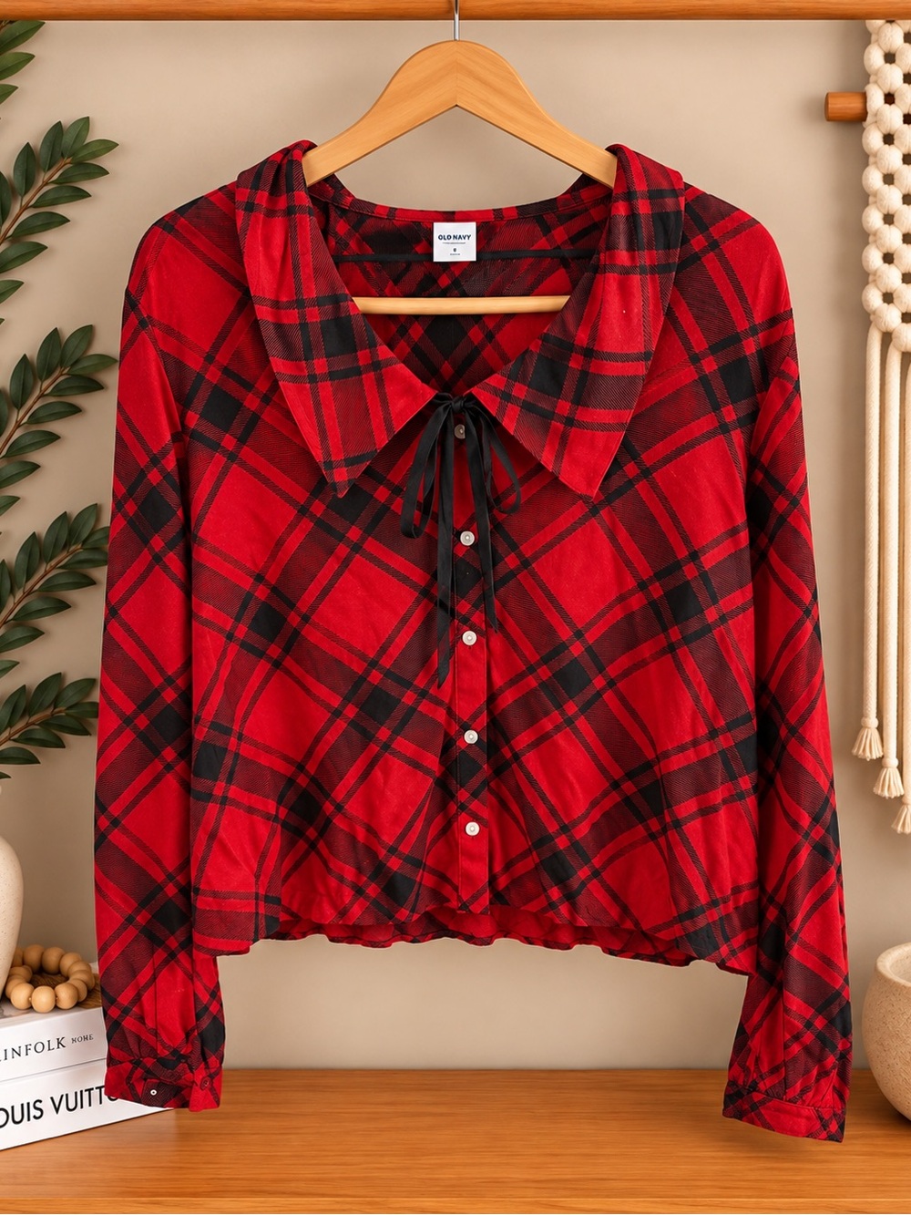 Old Navy Red and Black Plaid Button-Down Tie-Collar Top